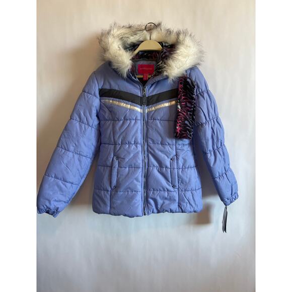 London Fog Girls' Heavyweight Puffer Jacket faux fur hood matching headband NWT - Picture 1 of 15
